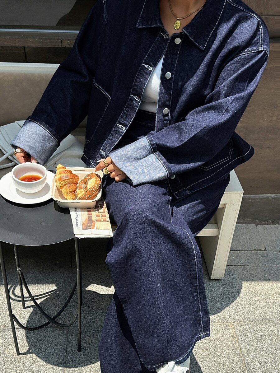 Dazy Plus Autumn/Winter New Lapel Large Pocket Top & Casual Long Pants Blogger Casual Denim Set - Dark Wash - View 1