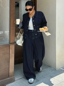 Dazy Plus Autumn/Winter New Lapel Large Pocket Top & Casual Long Pants Blogger Casual Denim Set - Dark Wash - View 6