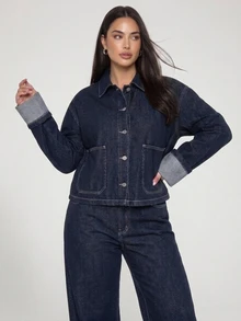 Dazy Plus Autumn/Winter New Lapel Large Pocket Top & Casual Long Pants Blogger Casual Denim Set - Dark Wash - View 12