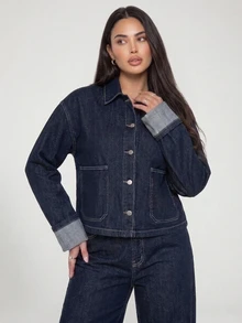 Dazy Plus Autumn/Winter New Lapel Large Pocket Top & Casual Long Pants Blogger Casual Denim Set - Dark Wash - View 15