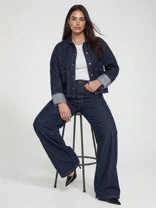 Dazy Plus Autumn/Winter New Lapel Large Pocket Top & Casual Long Pants Blogger Casual Denim Set - Dark Wash - View 13