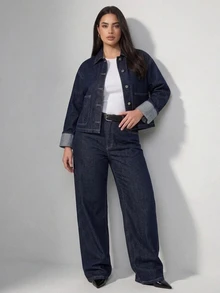 Dazy Plus Autumn/Winter New Lapel Large Pocket Top & Casual Long Pants Blogger Casual Denim Set - Dark Wash - View 9