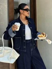 Dazy Plus Autumn/Winter New Lapel Large Pocket Top & Casual Long Pants Blogger Casual Denim Set - Dark Wash - View 5