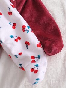 2件裝新生兒毛絨連帽包屁衣，純色/櫻桃碎花長袖嬰兒連身衣，居家與戶外雙用爬行服 - 彩色 - 查看 5