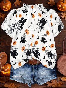 Franclia Plus Size Halloween Skull Spider Web Pumpkin Ghost Print Short Sleeve Shirt Vacation Date Formal Night Allover White Summer Soft Kawaii Cute Casual - White - View 2