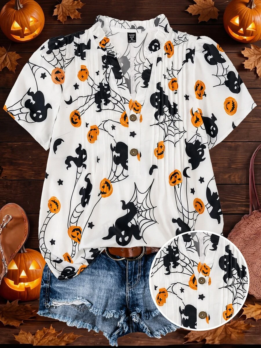 Franclia Plus Size Halloween Skull Spider Web Pumpkin Ghost Print Short Sleeve Shirt Vacation Date Formal Night Allover White Summer Soft Kawaii Cute Casual - White - View 1