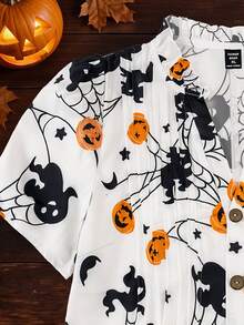 Franclia Plus Size Halloween Skull Spider Web Pumpkin Ghost Print Short Sleeve Shirt Vacation Date Formal Night Allover White Summer Soft Kawaii Cute Casual - White - View 4