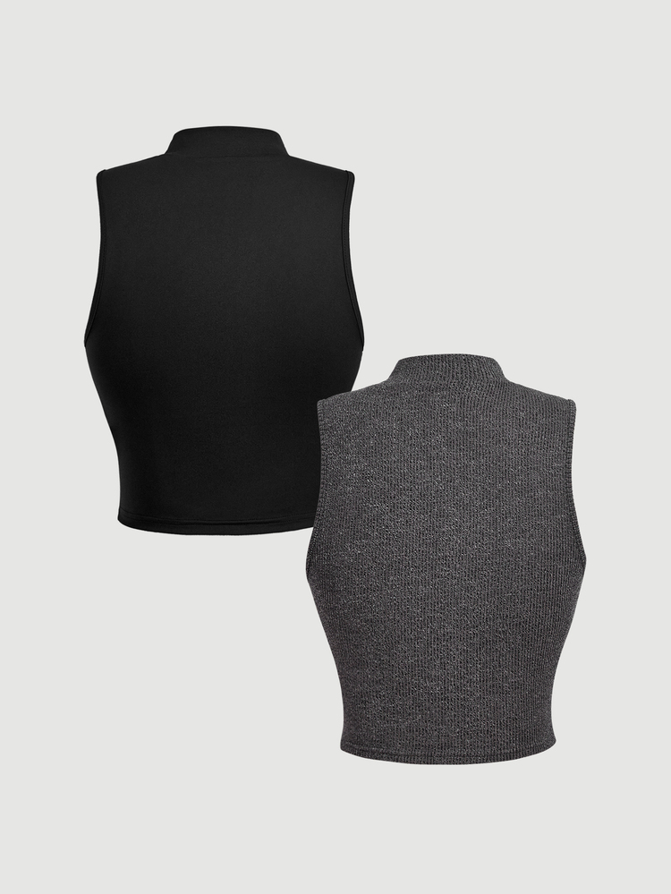 SHEIN MOD Women's 2pcs Ribbed Knit Solid Metal Buckle Mock Neck Sleeveless Slim Fit Crop Tank Top Set Black Grey Coquette Sweet Y2K For Christmas Party Fall - Multicolor - View 8
