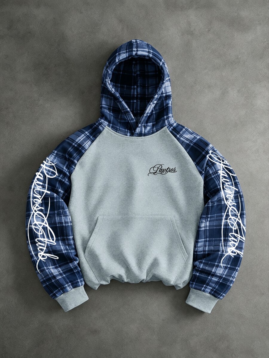 PAVTROS Hoodie Kasual Pria Motif Huruf Kotak-kotak Patchwork untuk Sehari-hari - MultiWarna - View 1