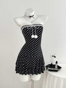 Elamini Women's Sweet Polka Dot Pattern Lace Trim Bandeau Short Dress With Fur Ball Decor And Cardigan Set - Black and White - View 5