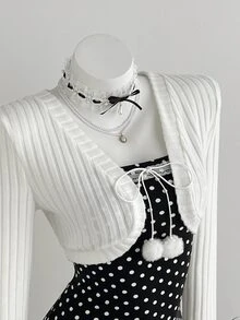 Elamini Women's Sweet Polka Dot Pattern Lace Trim Bandeau Short Dress With Fur Ball Decor And Cardigan Set - Black and White - View 6