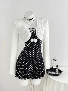 Elamini Women's Sweet Polka Dot Pattern Lace Trim Bandeau Short Dress With Fur Ball Decor And Cardigan Set - Black and White - View 4
