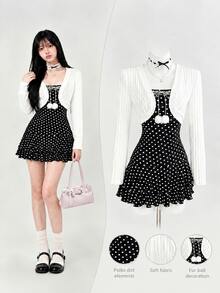 Elamini Women's Sweet Polka Dot Pattern Lace Trim Bandeau Short Dress With Fur Ball Decor And Cardigan Set - Black and White - View 1