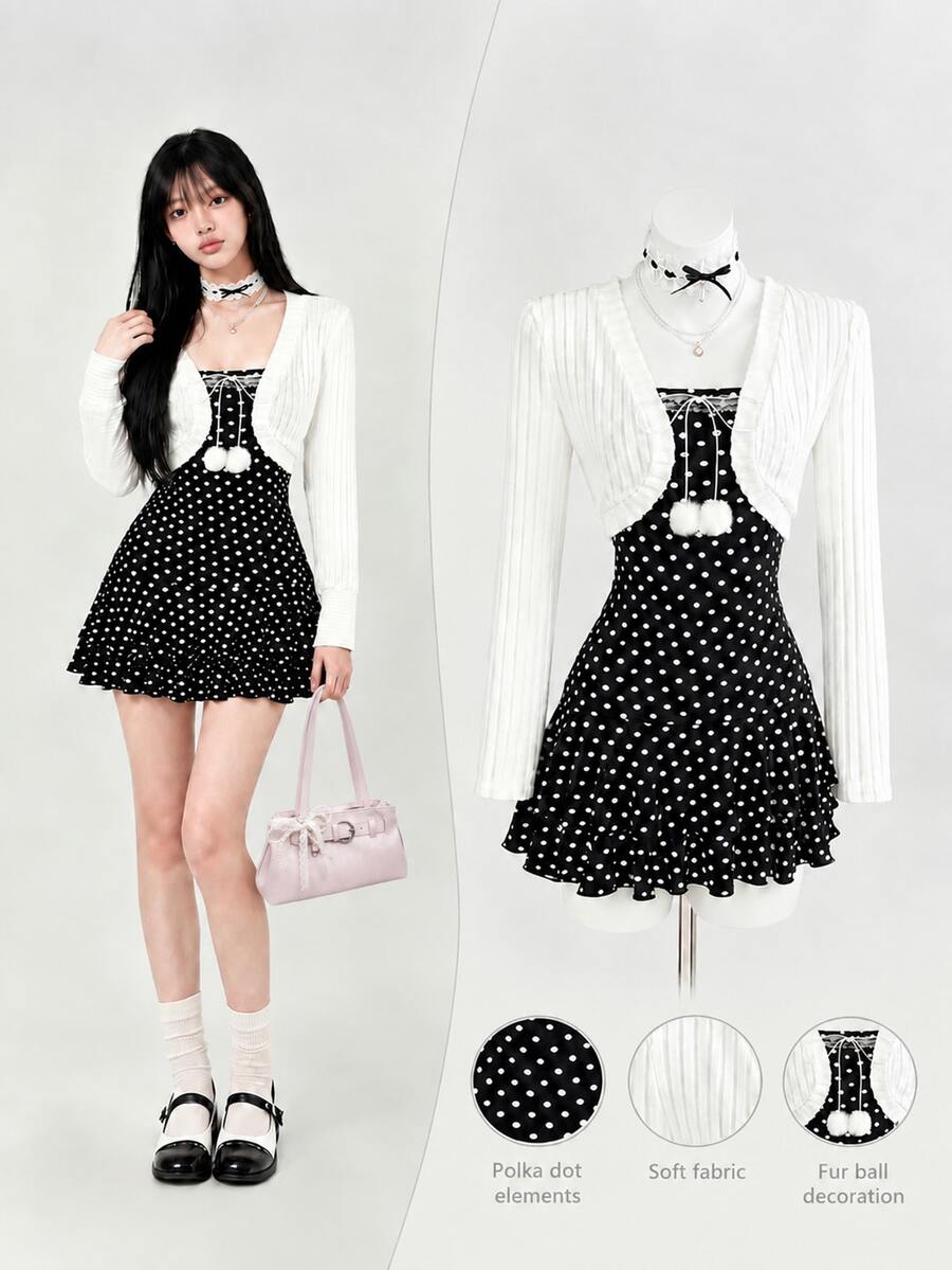Elamini Women's Sweet Polka Dot Pattern Lace Trim Bandeau Short Dress With Fur Ball Decor And Cardigan Set - Black and White - View 1