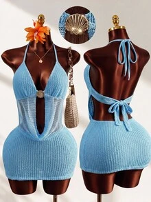 Mistrie Gaun Wanita dengan Hiasan Cangkang Logam dan Leher Berlipat untuk Pesta Pantai, Warna Biru Muda, Musim Panas, Seksi - Biru - View 2