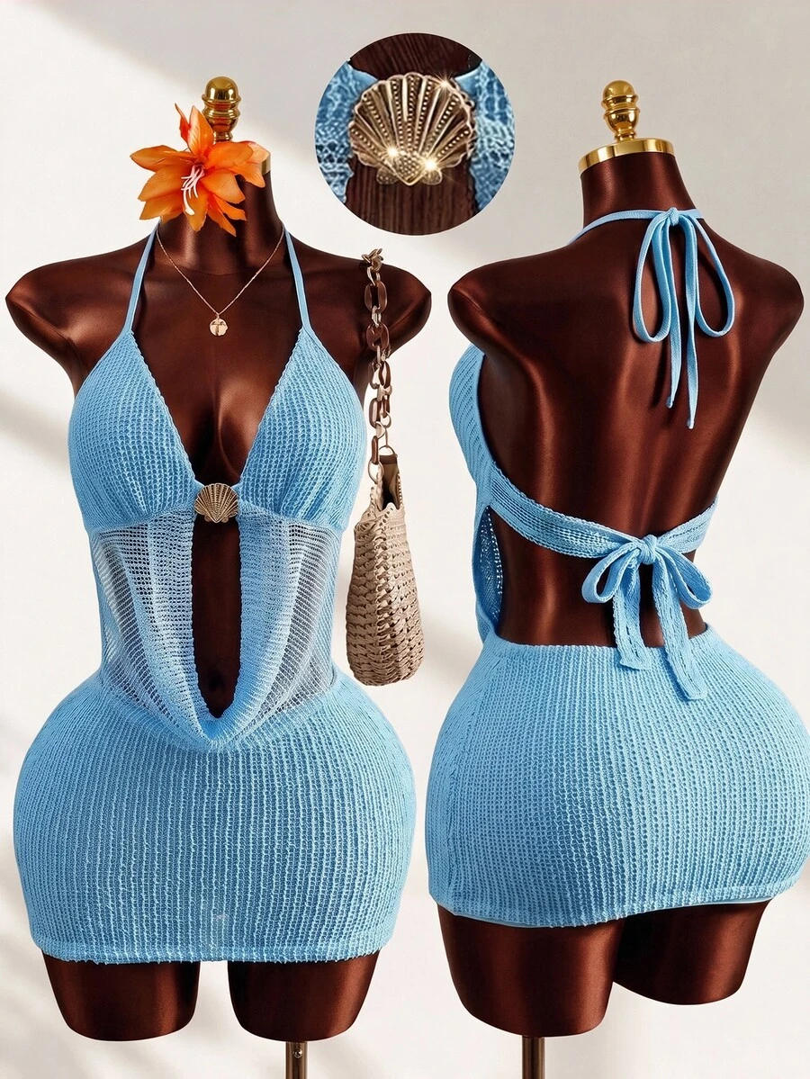 Mistrie Gaun Wanita dengan Hiasan Cangkang Logam dan Leher Berlipat untuk Pesta Pantai, Warna Biru Muda, Musim Panas, Seksi