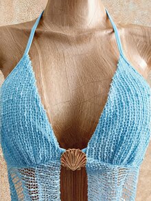 Mistrie Gaun Wanita dengan Hiasan Cangkang Logam dan Leher Berlipat untuk Pesta Pantai, Warna Biru Muda, Musim Panas, Seksi - Biru - View 7