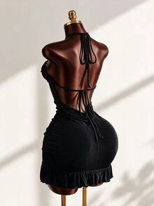 Mistrie 女士性感抽绳迷你紧身连衣裙，夏季时尚绿色吊带迷你连衣裙，后背系带，适合派对之夜，女士夜店装扮，性感女士 - 黑色 - 查看 2