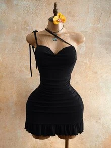 Mistrie 女士性感抽绳迷你紧身连衣裙，夏季时尚绿色吊带迷你连衣裙，后背系带，适合派对之夜，女士夜店装扮，性感女士 - 黑色 - 查看 7