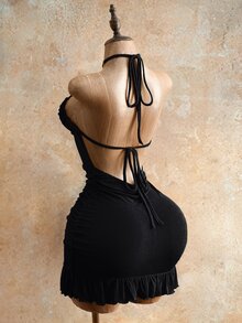 Mistrie 女士性感抽绳迷你紧身连衣裙，夏季时尚绿色吊带迷你连衣裙，后背系带，适合派对之夜，女士夜店装扮，性感女士 - 黑色 - 查看 4