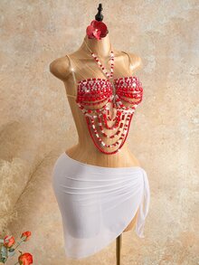 Mistrie 女款夏季度假細肩帶背心，水晶串珠設計，紅色性感，適合演唱會與夜店 - 紅色 - 查看 4