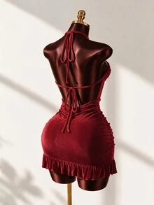Mistrie 女士性感抽绳迷你紧身连衣裙，夏季时尚绿色吊带迷你连衣裙，后背系带，适合派对之夜，女士夜店装扮，性感女士 - 紅色 - 查看 2
