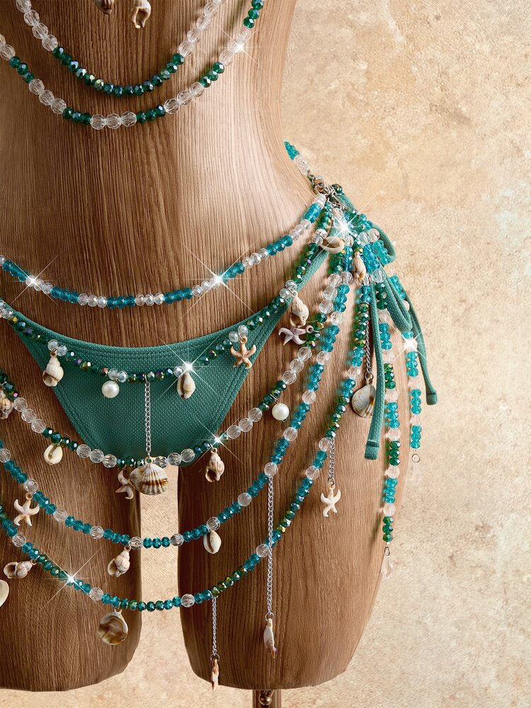 Mistrie Women's Summer Beaded Shell & Crystal Decorated Swimwear Set,Teal Rhinestone Sequin Beach Holiday Outfit,Transparent Y2K Belly Dancer Costume Set - Green - View 8