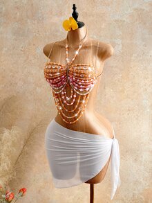 Mistrie 女士夏季度假吊带背心，女士夏季水晶串珠吊带背心，女士度假吊带背心 - 亮橙色 - 查看 4