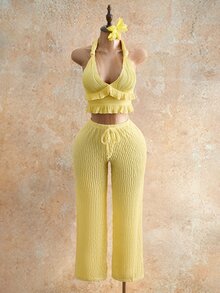 Mistrie 女款淡黃色秋季波希米亞風休閒海灘度假假期百褶寬鬆寬腿褲，抽繩紋理針織褲，音樂節派對 - 淡黃色 - 查看 8