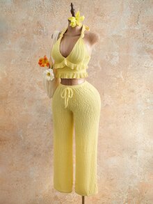 Mistrie 女款淡黃色秋季波希米亞風休閒海灘度假假期百褶寬鬆寬腿褲，抽繩紋理針織褲，音樂節派對 - 淡黃色 - 查看 4