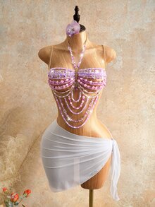 Mistrie Women's Lilac Purple Crystal Beaded Halter Camisole Top, Summer 70's Party Disco Rave, Y2K Sequin Rhinestone Beach Vacation Mesh Club Wear - Mauve Purple - View 9
