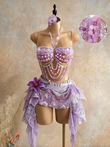 Mistrie Women's Lilac Purple Crystal Beaded Halter Camisole Top, Summer 70's Party Disco Rave, Y2K Sequin Rhinestone Beach Vacation Mesh Club Wear - Mauve Purple - View 4
