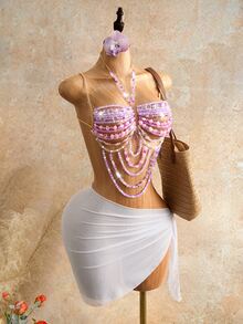 Mistrie Women's Lilac Purple Crystal Beaded Halter Camisole Top, Summer 70's Party Disco Rave, Y2K Sequin Rhinestone Beach Vacation Mesh Club Wear - Mauve Purple - View 5