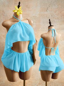 Mistrie Mono de mujer con diseño de volantes y calado en el cuello halter para vacaciones - Celeste - Ver 4