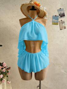 Mistrie Mono de mujer con diseño de volantes y calado en el cuello halter para vacaciones - Celeste - Ver 8