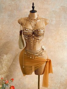 Mistrie Women's Tropical Beaded Camisole Top, Beach Concert Rave Vacation Resort Spaghetti Strap Crystal Strap Hollow Out White And Gold Summer Bohemian Fancy - Brown - View 5