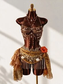 Mistrie Women's Tropical Beaded Camisole Top, Beach Concert Rave Vacation Resort Spaghetti Strap Crystal Strap Hollow Out White And Gold Summer Bohemian Fancy - Brown - View 2