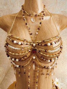 Mistrie Women's Tropical Beaded Camisole Top, Beach Concert Rave Vacation Resort Spaghetti Strap Crystal Strap Hollow Out White And Gold Summer Bohemian Fancy - Brown - View 8