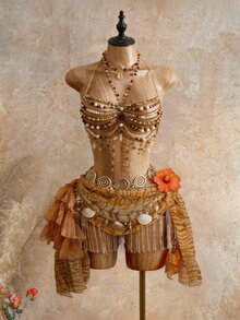 Mistrie Women's Tropical Beaded Camisole Top, Beach Concert Rave Vacation Resort Spaghetti Strap Crystal Strap Hollow Out White And Gold Summer Bohemian Fancy - Brown - View 4