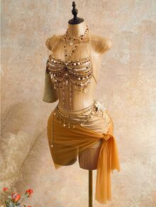 Mistrie Women's Tropical Beaded Camisole Top, Beach Concert Rave Vacation Resort Spaghetti Strap Crystal Strap Hollow Out White And Gold Summer Bohemian Fancy - Brown - View 7