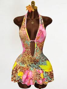 Mistrie Boho Tropical Sexy Green And Yellow Sleeveless Spaghetti Strap Mini A Line Short Dress With Random Print And Ruffle Hem In Knitted Fabric Vacation Beach Summer - Multicolor - View 5
