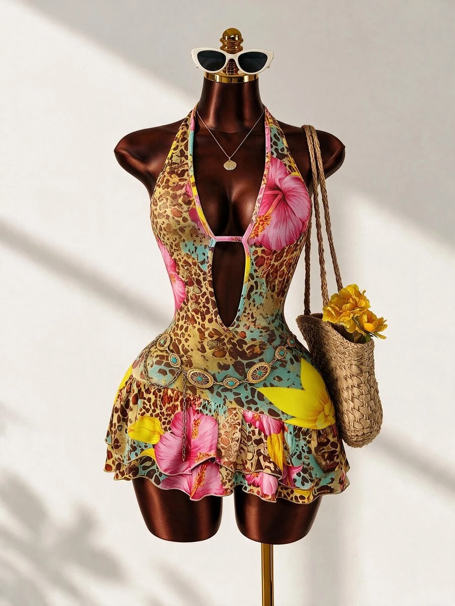 Mistrie Boho Tropical Sexy Green And Yellow Sleeveless Spaghetti Strap Mini A Line Short Dress With Random Print And Ruffle Hem In Knitted Fabric Vacation Beach Summer - Multicolor - View 1