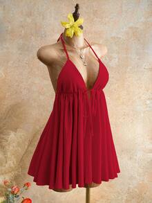 Mistrie Gaun Mini Wanita Model Halter Neck dengan Ikatan Depan dan Potongan V Dalam, Gaun Pantai Tanpa Punggung Model Resort, Gaun Musim Panas Model Swing Tanpa Punggung Model Halter Neck dengan Ikatan Depan - Burgundy - View 3