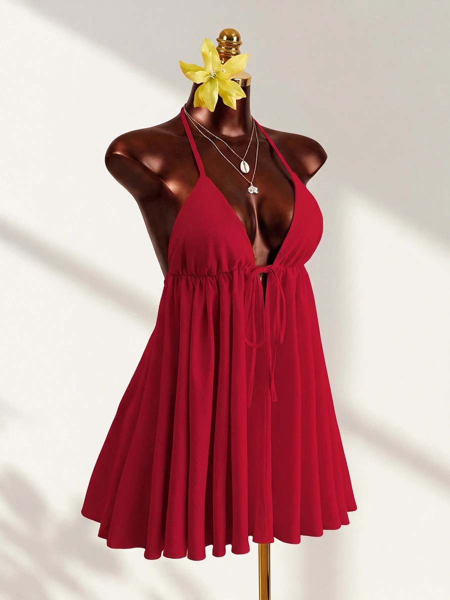Mistrie Gaun Mini Wanita Model Halter Neck dengan Ikatan Depan dan Potongan V Dalam, Gaun Pantai Tanpa Punggung Model Resort, Gaun Musim Panas Model Swing Tanpa Punggung Model Halter Neck dengan Ikatan Depan - Burgundy - View 1
