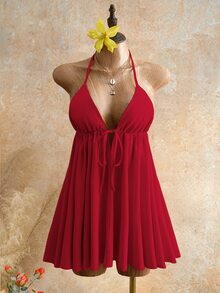 Mistrie Gaun Mini Wanita Model Halter Neck dengan Ikatan Depan dan Potongan V Dalam, Gaun Pantai Tanpa Punggung Model Resort, Gaun Musim Panas Model Swing Tanpa Punggung Model Halter Neck dengan Ikatan Depan - Burgundy - View 4