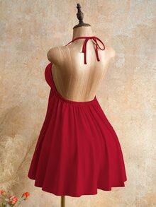 Mistrie Gaun Mini Wanita Model Halter Neck dengan Ikatan Depan dan Potongan V Dalam, Gaun Pantai Tanpa Punggung Model Resort, Gaun Musim Panas Model Swing Tanpa Punggung Model Halter Neck dengan Ikatan Depan - Burgundy - View 2