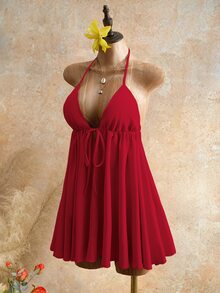 Mistrie Gaun Mini Wanita Model Halter Neck dengan Ikatan Depan dan Potongan V Dalam, Gaun Pantai Tanpa Punggung Model Resort, Gaun Musim Panas Model Swing Tanpa Punggung Model Halter Neck dengan Ikatan Depan - Burgundy - View 7