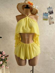 Mistrie Women's Yellow Chiffon Jumpsuit, Summer Boho Sexy Tropical Halter Neck Backless Ruffled Design, Sleeveless Layered Vacation Holiday Outfit Beach Party - Yellow - View 4