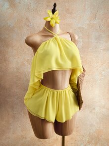 Mistrie Women's Yellow Chiffon Jumpsuit, Summer Boho Sexy Tropical Halter Neck Backless Ruffled Design, Sleeveless Layered Vacation Holiday Outfit Beach Party - Yellow - View 8
