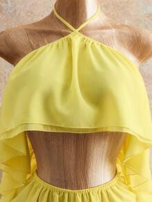 Mistrie Women's Yellow Chiffon Jumpsuit, Summer Boho Sexy Tropical Halter Neck Backless Ruffled Design, Sleeveless Layered Vacation Holiday Outfit Beach Party - Yellow - View 6